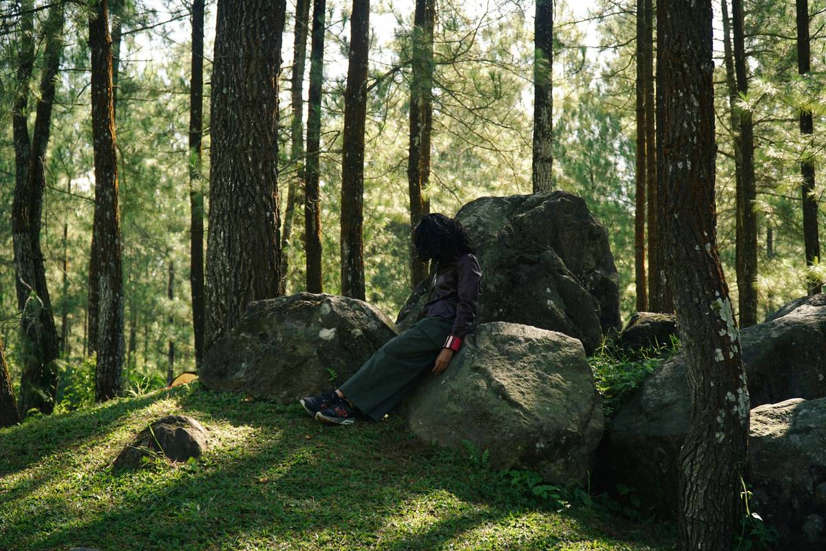 mindfulness meditation nature music featuring a person meditating beside a calm forest stream at dawn